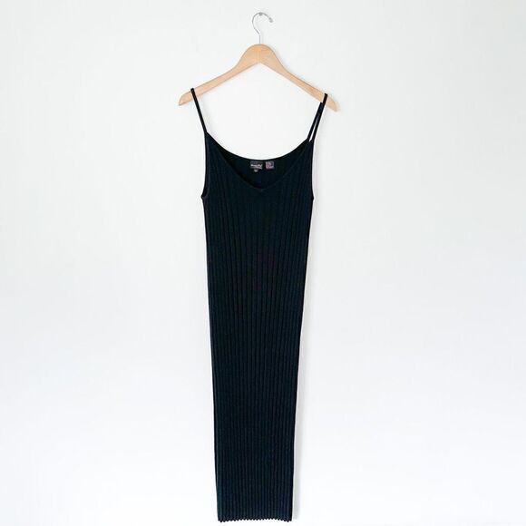 Shape FX Women’s Witchy Goth Black Vertical Ribbed Spaghetti Strap Body Con Maxi - Picture 1 of 6